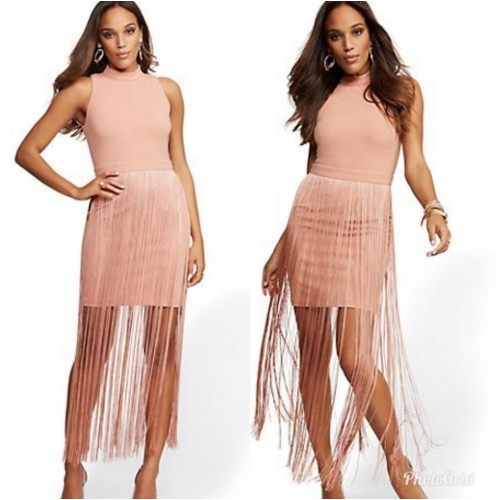 New York & Company Sleeveless Fringe Dress - Pink/peach